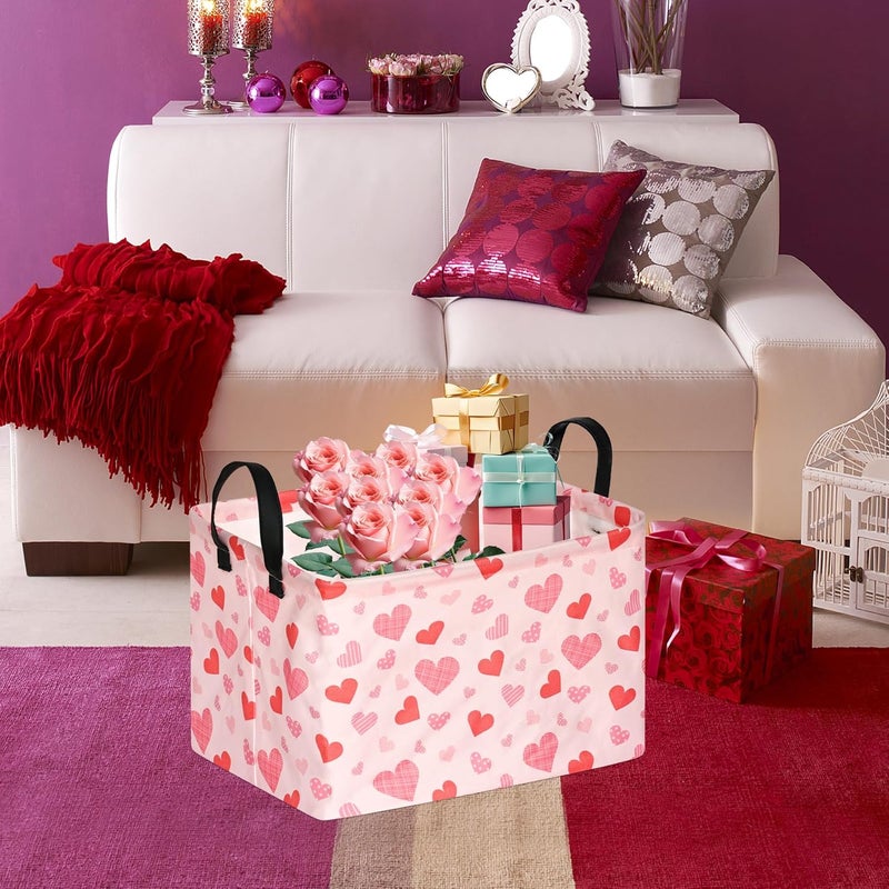 FUULOXE Rectangular Valentines Basket Storage Bin for Shelves Girls Gifts Baskets Foldable Box with Handles for Home Office Car Dormroom Valentine's Day Party Supplies - Image 3